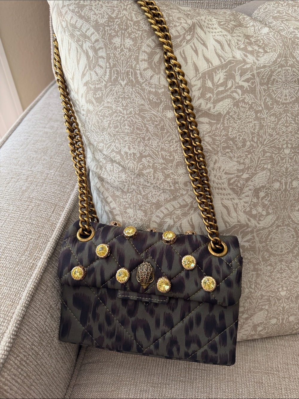 Kurt Geiger Quilted Dark Leopard Shoulder Bag with Gold Hardware